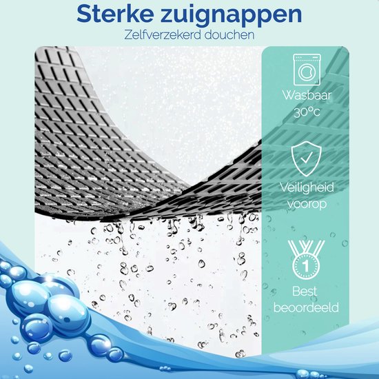 Close-up van de zwarte antislipmat met vierkant patroon en water. "Sterke zuignappen - Zelfverzekerd douchen".
