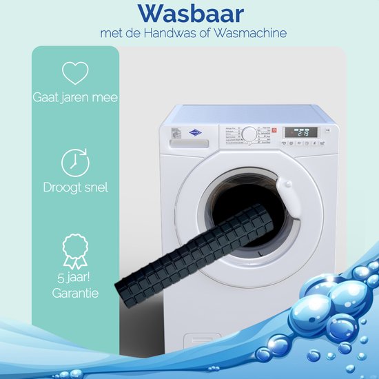 Zwarte douchemat voor een wasmachine. "Wasbaar met de Handwas of Wasmachine". 5 jaar garantie.