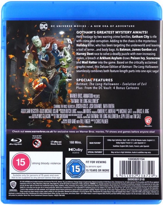 Blu-ray hoes met Batman, Two-Face, Poison Ivy, Catwoman en de Joker die de voorkant domineren.