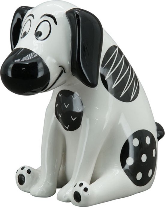 Handgemaakt beeld hond zittend small- kleur zwart wit goud - 12x7x13 cm - keramiek
