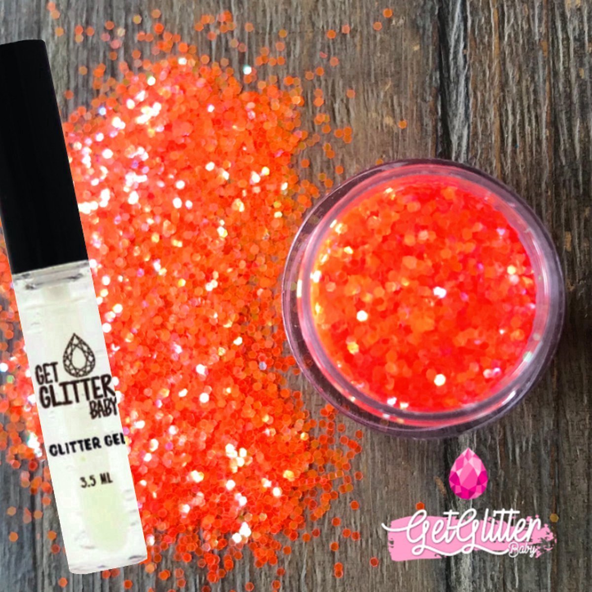 GetGlitterBaby® - Biologische / Biologisch afbreekbare Oranje Poeder Festival Glitters voor Lichaam en Gezicht Jewels / Biodegradable Face Body Glittergel / Koningsdag Kingsday versiering - Orange en Glitter Gel HuidLijm