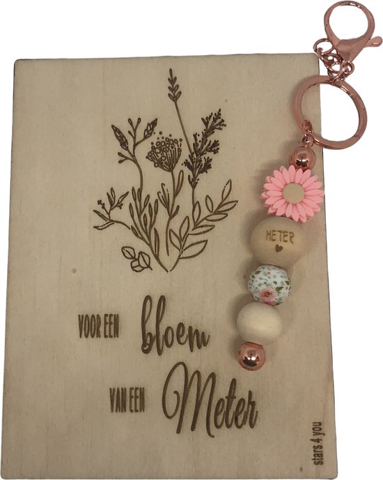 Sleutelhanger en houten kaartje liefste Meter | ROZE | bloem | jij bent de liefste | liefste meter | moolste peter | cadeau