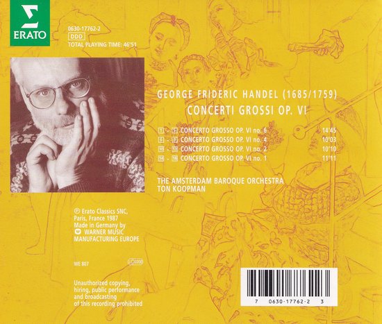 CD hoes met close-up van een man met bril en een deel van een klassiek schilderij op de achtergrond. Tekst: GEORGE FRIDERIC HANDEL CONCERTI GROSSI OP. VI