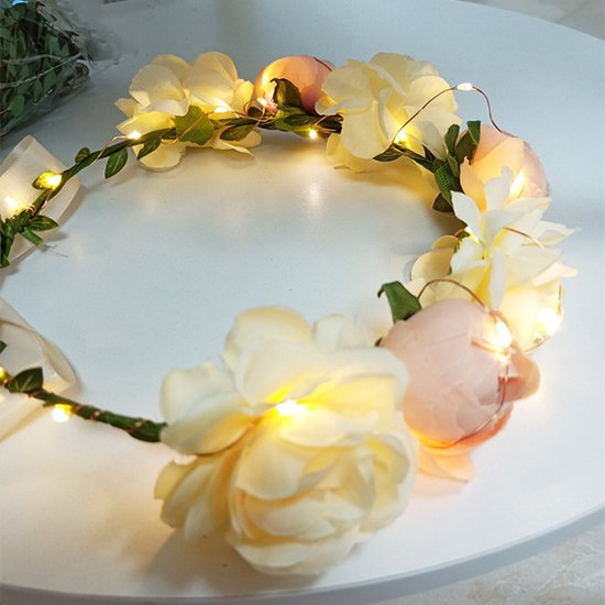 Bandeau-Couronne de Fleurs avec 20 LED Blanc Chaud - Lampes-IP43- Champagne