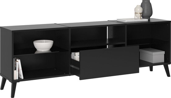 TV-meubel Raven Zwart - Breedte 140 cm - Hoogte 40 cm - Diepte 32 cm - Met lades - Met planken - Met openslaande deuren