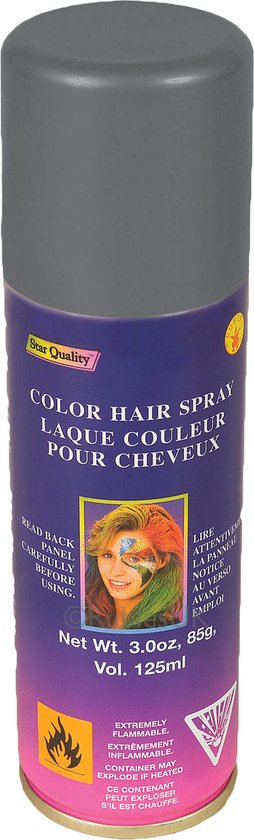 Spuitbus met zilveren haarspray, merk Star Quality, met afbeelding van een vrouw met facepaint.