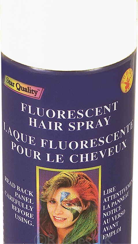 Spuitbus met fluoriserende haarspray, merk Star Quality. Met afbeelding van vrouw met facepaint in groen, blauw en geel.