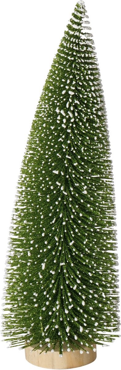 Mini kunst kerstboom 31 cm diameter 12 cm groen met sneeuw en glitters