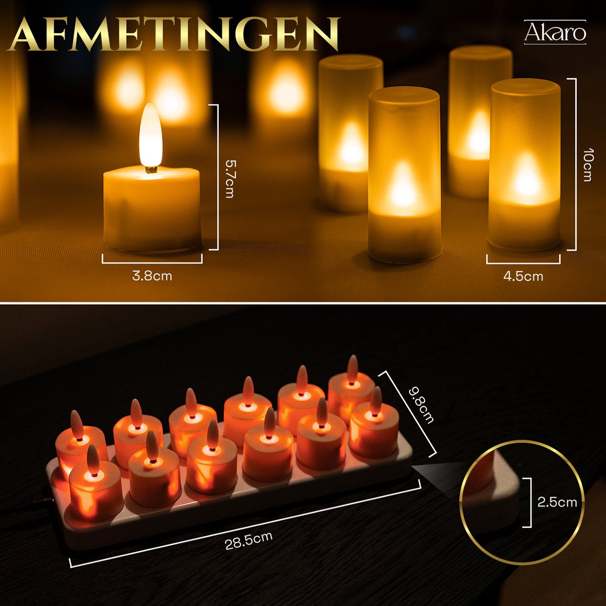 Akaro Oplaadbare Waxinelichtjes – 12 Flikkerende LED Waxinelichtjes – Theelichtjes Oplaadbaar - met Afstandsbediening & Oplaadstation – 75+ Branduren — cadeau in Wonen & Interieur - foto 5
