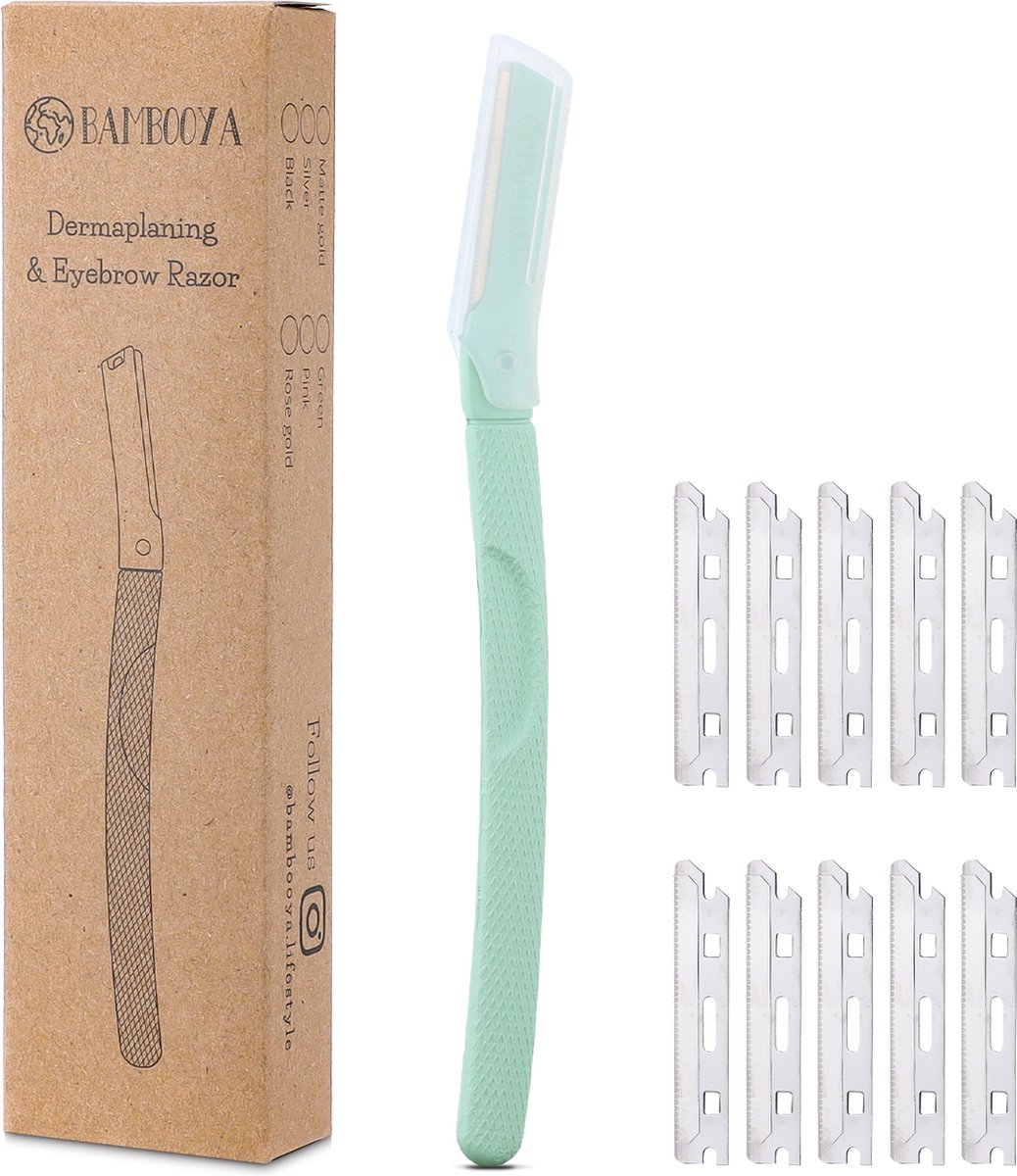 Bambooya Dermaplaning Razor voor Wenkbrauwen & Gezicht - Epileren - Veilig Mesje - Set van 10 Mesjes + Beschermkapje - Green