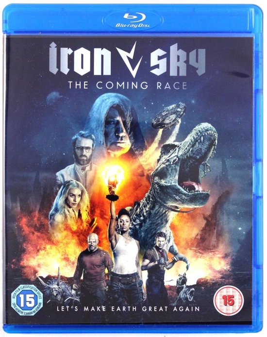 Blu-ray hoes van Iron Sky: The Coming Race met een dinosaurus en diverse acteurs.