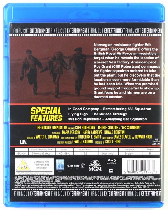 Achterkant Blu-ray hoes van '633 Squadron' met filmbeschrijving, cast en speciale features. V.a. 16 jaar.