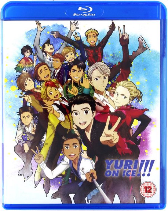 Blu-ray hoes met anime-personages in schaatskleding, met de titel "YURI!!! ON ICE".
