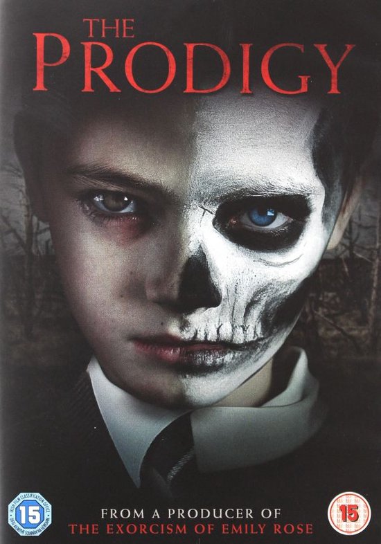De voorkant van de DVD-hoes toont een jonge jongen wiens gezicht voor de helft is geverfd als een schedel. De titel 'The Prodigy' staat in rode letters bovenaan.