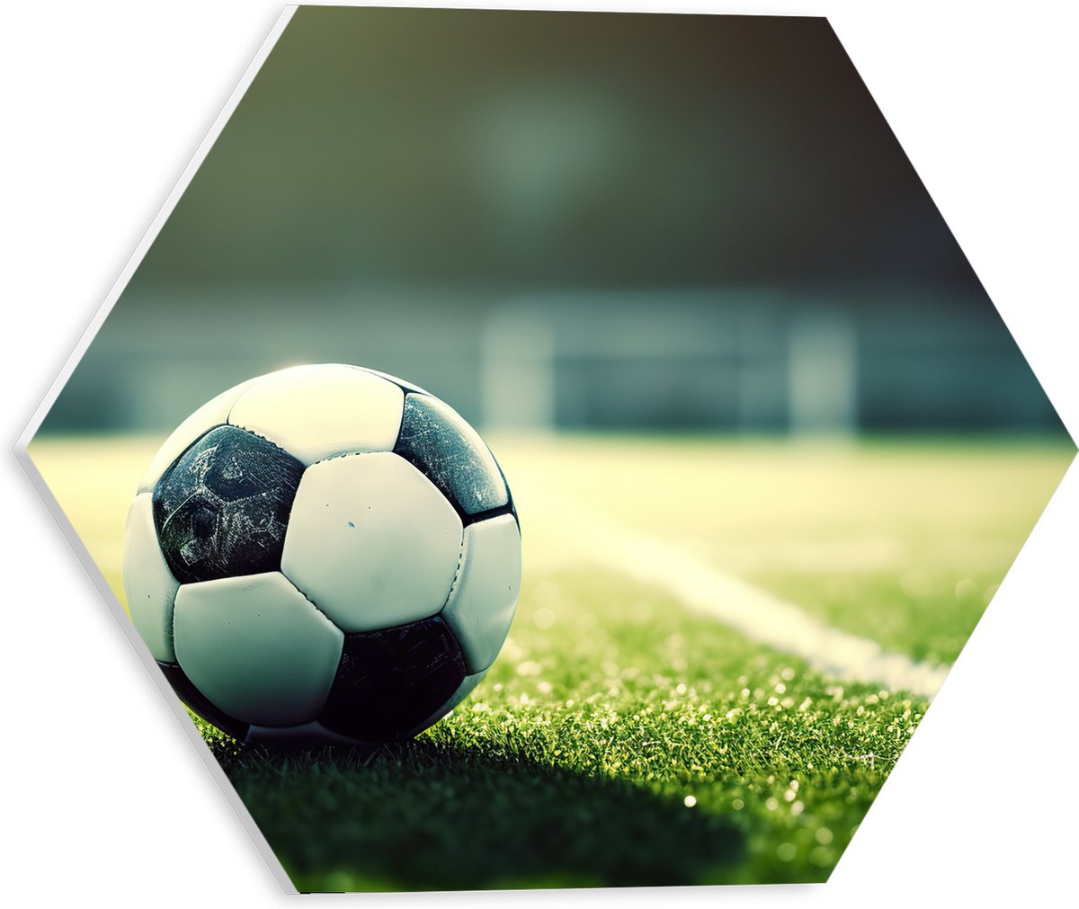 PVC Schuimplaat Hexagon - Veld - Bal - Voetbal - Lijn - 30x26.1 cm Foto op Hexagon (Met Ophangsysteem)