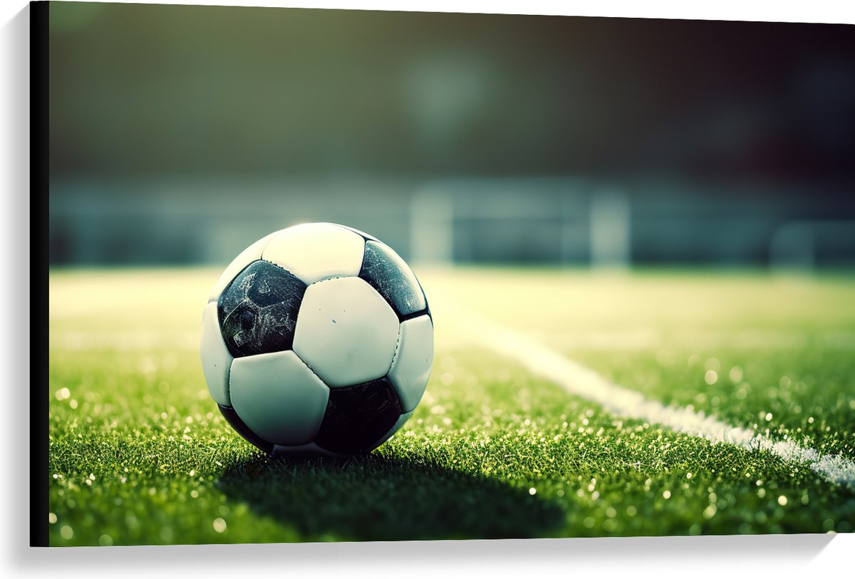 Canvas - Veld - Bal - Voetbal - Lijn - 90x60 cm Foto op Canvas Schilderij (Wanddecoratie op Canvas)