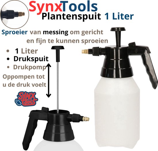 Synx Tools Drukspuit 1 L Hogedruk Plantensproeier - Drukspuit - 1 liter - Verstuiver - plantenspuit / bewatering - Regelbare Sproeikop