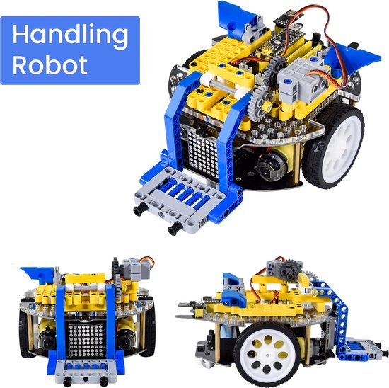 Een robot met gele en blauwe onderdelen, die in drie verschillende posities wordt getoond, met een voor- en zij-aanzicht die de grijper en wielen benadrukken.