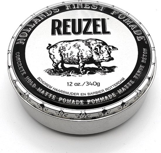 Reuzel Concrete Hold Matte Pomade blik met een tekening van een varken en de tekst '12 oz. / 340g'.