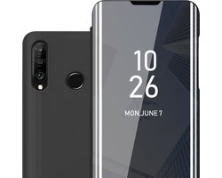 Cadorabo Hoesje geschikt voor Huawei P30 LITE in TOERMALIJN ZWART - Clear View Spiegel Beschermende Case met Tribunefunctie 360 Graden Bescherming Book Case Cover Etui