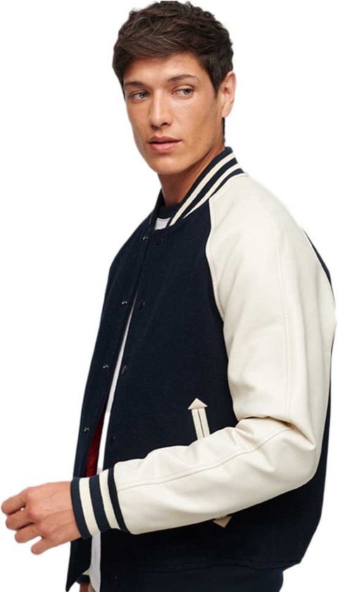 Heren Varsity Jassen - High School College Letterman Bomber Jacket Wol Faux Lederen Mouwen, Zwart & Grijs, 3XL