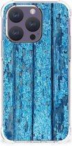 Shockproof Case Geschikt voor iPhone 15 Pro Telefoonhoesje met doorzichtige rand Wood Blue