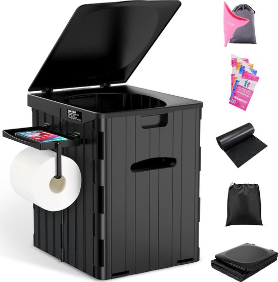 WADEO XXXL Draagbaar Toilet, [Max tot 181 KG] [Grotere Zitting] met Deksel en Telefoon en Toiletrolhouder, Perfect voor Kamperen, Vissen, Auto, Noodgevallen (Zwart