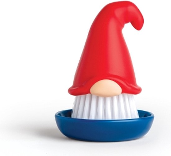 Rode gnome-afwasborstel met witte haren, in een blauw bakje.