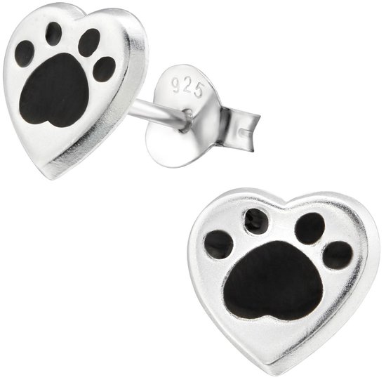 Joy|S - Zilveren kat hond dierenpoot hartje oorbellen - 8 x 7 mm - hartje oorknoppen - poot afdruk zwart
