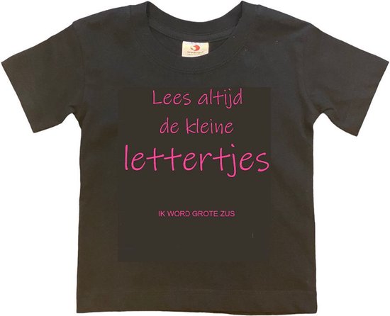 Shirt Aankondiging zwangerschap "Lees altijd de kleine lettertjes (ik word grote zus)" | korte mouw | Zwart/roze | maat 98/104 zwangerschap aankondiging bekendmaking Baby big bro Sis Sister