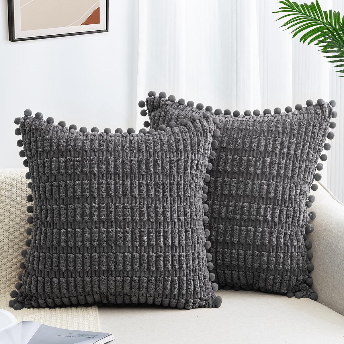 Set van 2 kussenslopen, 40 x 40 cm, corduroy, sofakussen, zachte kussenhoezen, boho-kussenslopen, sierkussens, moderne kussens, decoratie voor bank, slaapkamer, thuis, auto, decoratie, sierkussenhoezen, donkergrijs