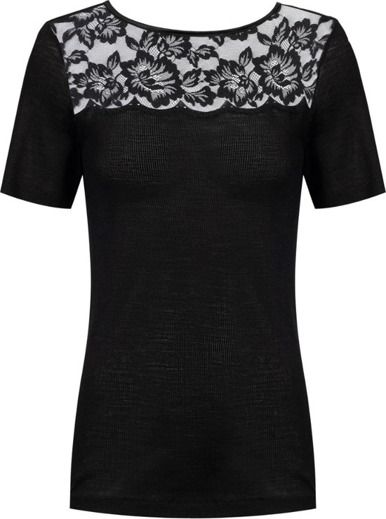 Mey Wollen Thermoshirt korte mouw dames - Kant - Wool Love - L - Zwart