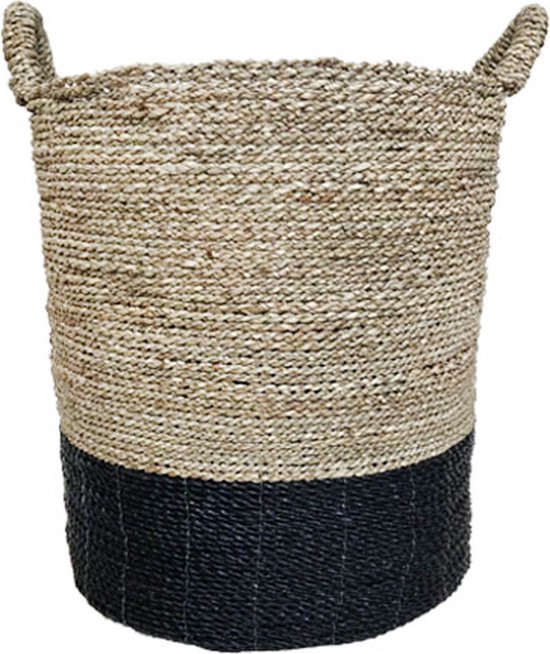 Panier en herbe marine tressée avec poignées et accent noir en bas.