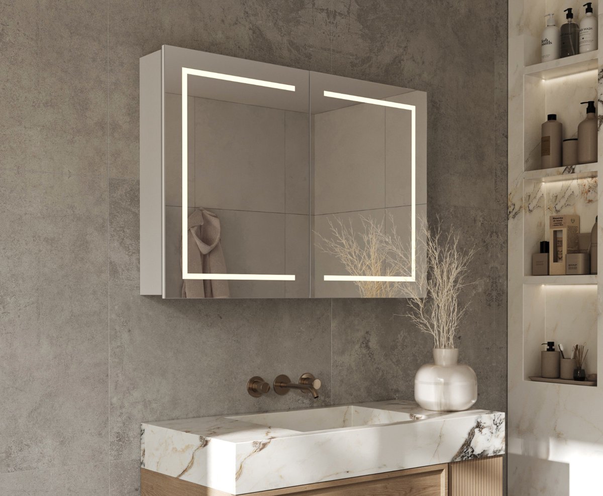 Aluminium badkamer spiegelkast met LED verlichting rondom,  spiegelverwarming,... | bol.com