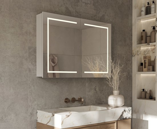 Foto: Aluminium badkamer spiegelkast met directe verlichting rondom spiegelverwarming stopcontact inclusief usb make up spiegel en sensor schakelaar 100 70 cm