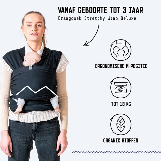ByKay Stretchy Deluxe - rekbare draagdoek baby - ergonomisch - tot 18kg - 100% biologisch katoen - zwart - maat M — afbeelding 2