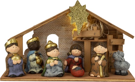 IKO kerststal - met beeldjes en verlichting - L28 x H17 cm - kinderen