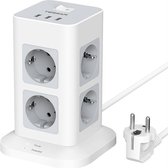 TESSAN Stekkerdoos met 8 Outlets - Aan/Uit Schakelaar - 3 USB Aansluitingen - 2m - 16A - 3600W - Wit