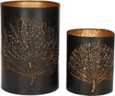 Windlichten set Bamboe - 2x - zwart/goud - metaal - 10/15 cm - kaarsenhouder/theelichthouder/waxinelichthouder