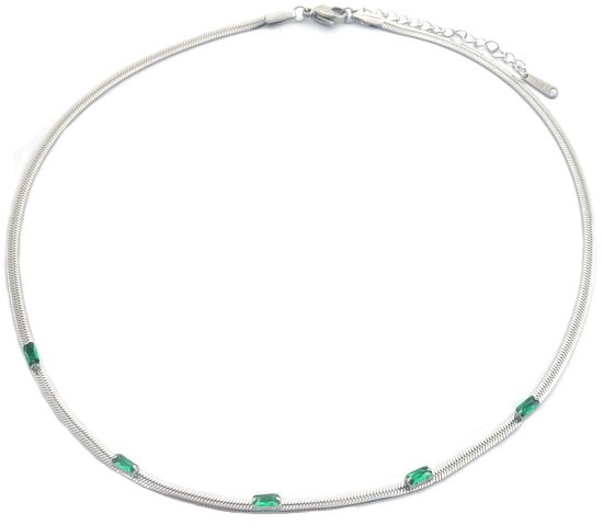 Ketting met Zirkonia - RVS - Lengte 39-44 cm - Zilverkleurig en Groen