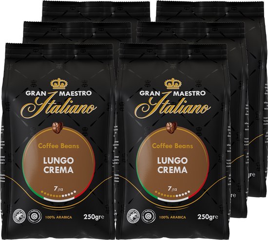 Gran Maestro Italiano - Lungo Crema - Koffiebonen - Bonen voor Lungo - Arabica - 6 x 250 g
