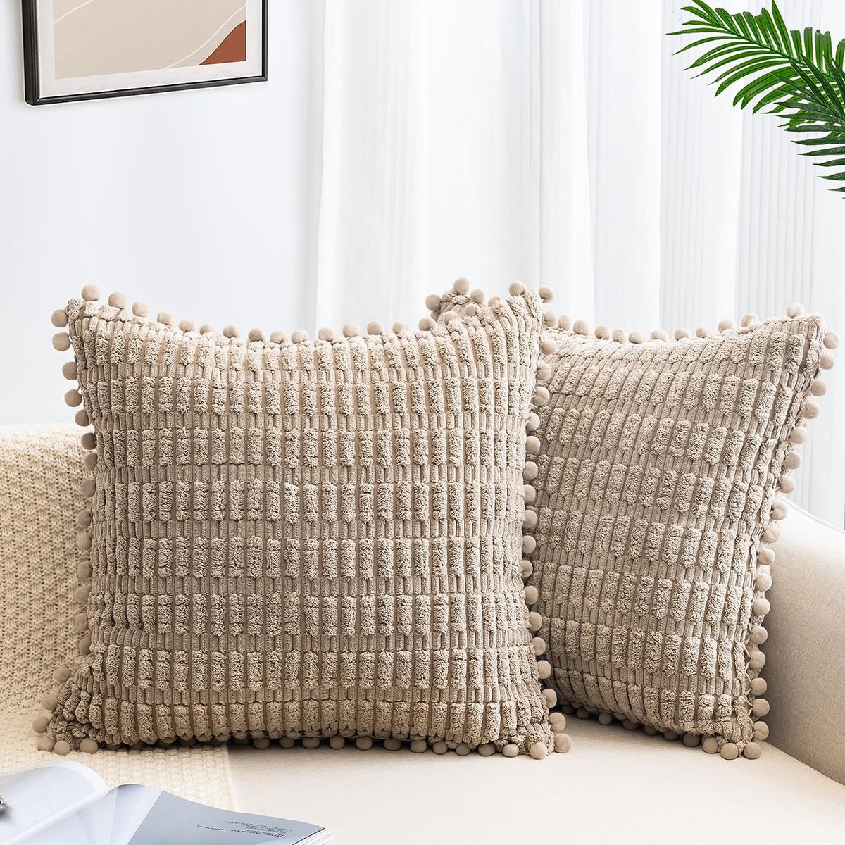 Set van 2 beige kussenslopen 40 x 40 cm, corduroy fluweel, sofakussen, zachte kussenhoezen, boho-kussenslopen, sierkussens, moderne kussens, decoratie voor bank, slaapkamer, thuis, auto, decoratieve kussenslopen, kaki