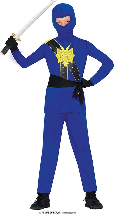 Guirca - Ninja & Samurai Kostuum - Go Blue Dragon Ninja - Jongen - Blauw - 7 - 9 jaar - Carnavalskleding - Verkleedkleding