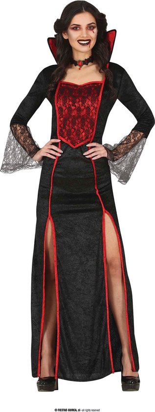 Guirca - Vampier & Dracula Kostuum - Verleidelijke Barones Valerie Vampier - Vrouw - Rood, Zwart - Maat 42-44 - Halloween - Verkleedkleding