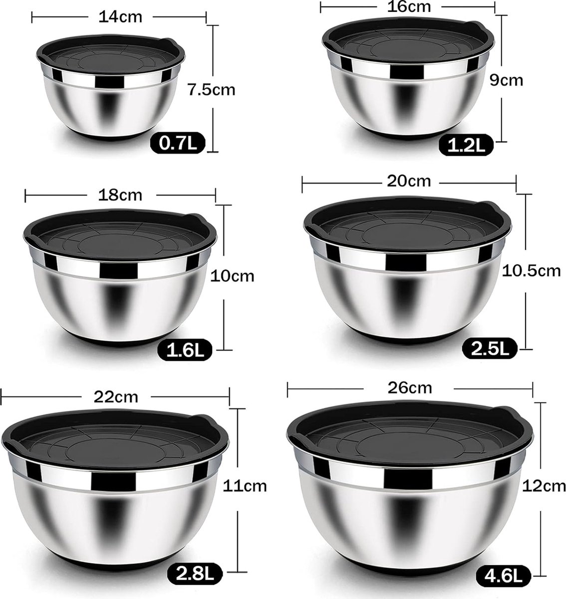Set van 6 mengkom, set van 6 stuks, roestvrij staal, zwart, met luchtdicht deksel en siliconen bodem, stapelbaar, vaatwasmachinebestendig, 4,6 l / 2,8 l / 2,5 l / 1,6 l / 1,5 l / 0,7 l