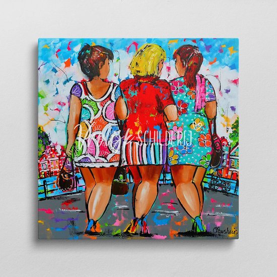 3 Dikke dames in Amsterdam | Vrolijk Schilderij | 80x80cm | Dikte 4 cm | Canvas schilderijen woonkamer | Wanddecoratie | Schilderij op canvas | Kunst | Corrie Leushuis