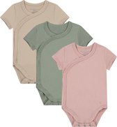 Bamboo Basics Mikky - Bamboe Baby Meegroei Overslagromper (Multipack 3 stuks) - Korte Mouwen - Zijdezacht - Ademend - Beige, Groen & Roze - 62