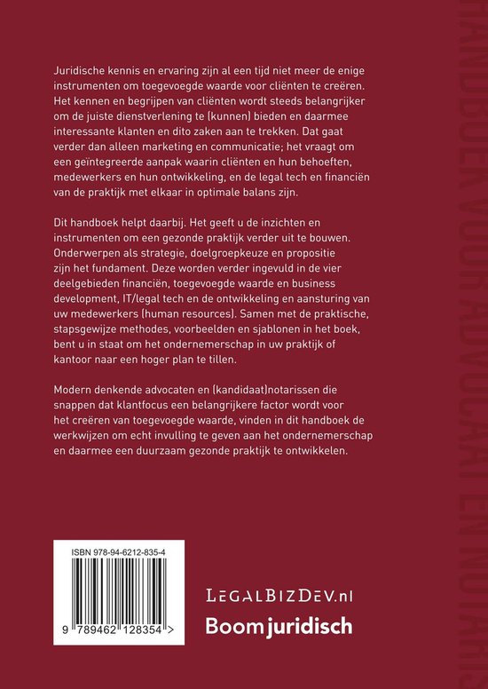 Achterkant van het boek "Cliëntgericht Ondernemerschap: Handboek voor advocaat en notaris" met ISBN-nummer en uitgever Boom juridisch.