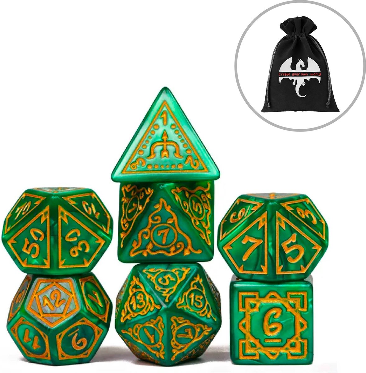 Lapi Toys - Dungeons and Dragons dobbelstenen - DnD - D&D - Polydice - 1 set (7 stuks) - Acryl - Groen