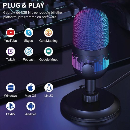 XIAOKOA PC-microfoons, USB-pc-microfoon met volumeschakelaar en 3,5 mm hoofdtelefoonaansluiting, microfoons voor opname/podcast/streaming/Youtube/game, met ledlicht